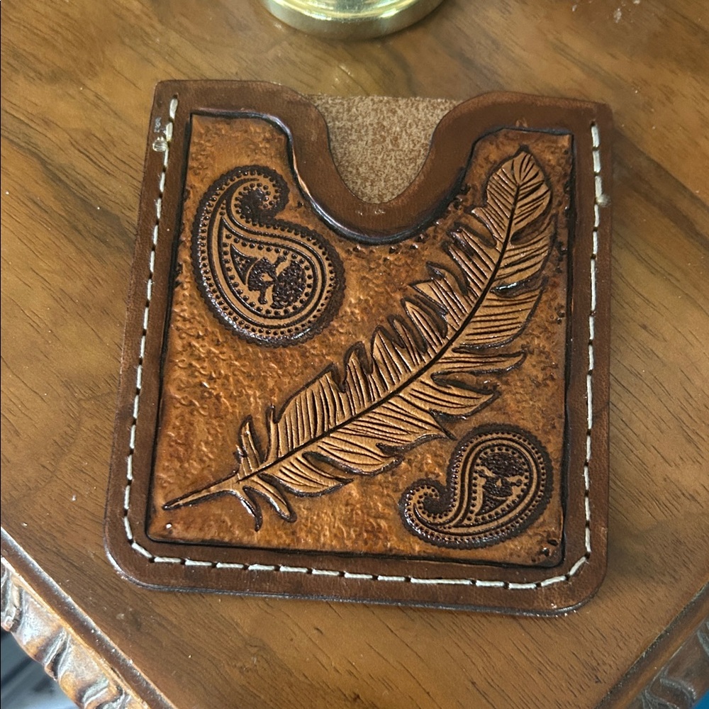Tooled Brown Leather Card Holder with Paisley Feather Design